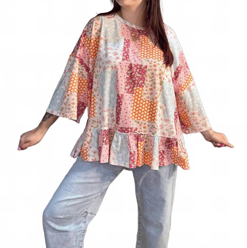 NEW EASEL print oversized peplum top in poppy patchwork